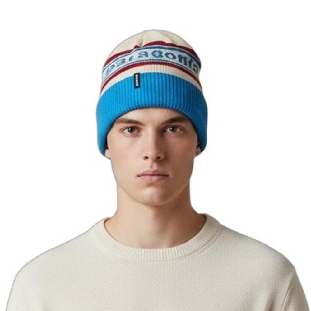 Patagonia Powder Town Retro Logo Beanie Blue Red Cream Knit Hat